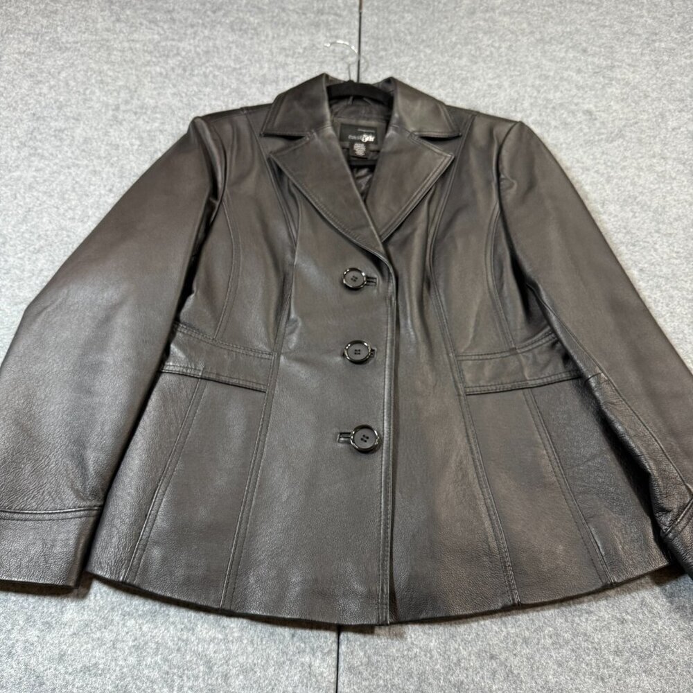 East5th Jacket Women Large Petite Black Lined Genuine Leather Long Sleeve Button